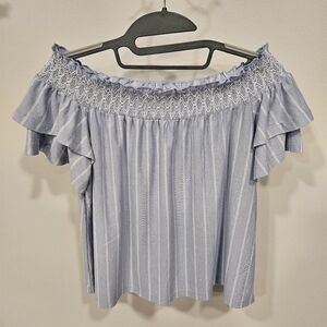 American Eagle Light Blue Off Shoulder Striped Smocked Blouse Top Size Small